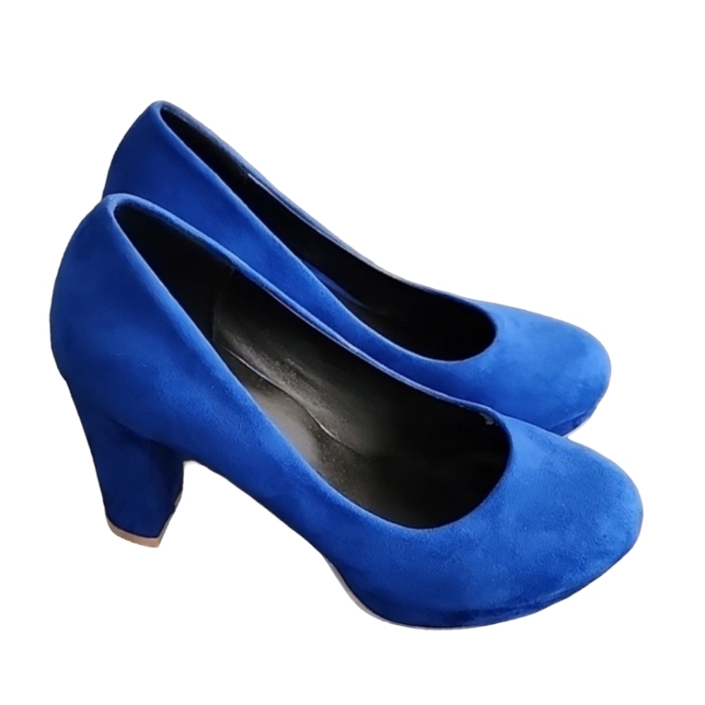 COBALT BLUE VEGAN SUEDE Platform Pumps 7.5 Heels Y2K Vibe Chunky Heel - Picture 2 of 16